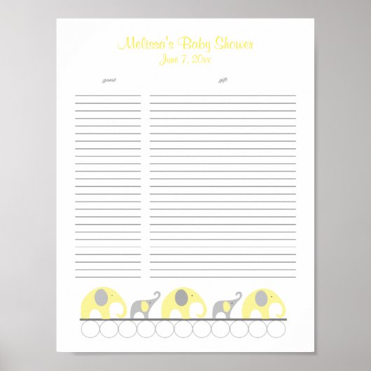 Geel en grijs Baby shower Gift List Poster (Voorkant)