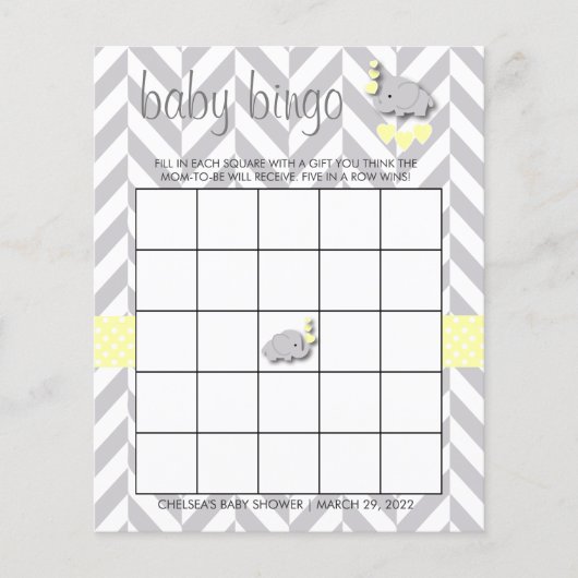 Geel en grijs Baby shower met olifant - Bingo Flyer (Voorkant)