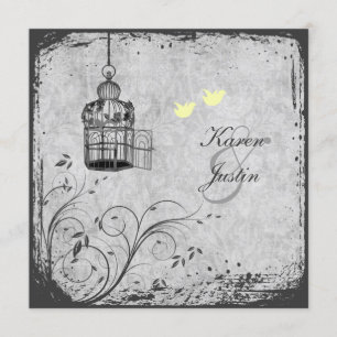 Geel en grijs Birdcage Lovevogels Wedding Invite Kaart