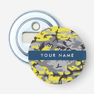 Geel en grijs Camouflage Jouw naam Personaliseren Button Flesopener