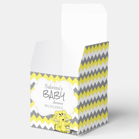 Geel en grijs Chevron Elephant Baby shower Bedankdoosjes (Geopend)