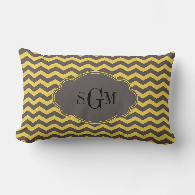 Geel en Grijs Chevron Monogram Initialen Kussen (Voorkant)