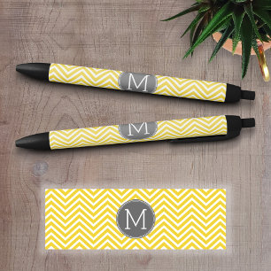 Geel en grijs Chevron Patroon met monogram Zwarte Inkt Pen