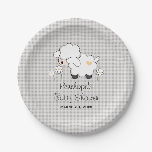 Geel en grijs Gingham Lamb Baby shower Papieren Bordje (Voorkant)