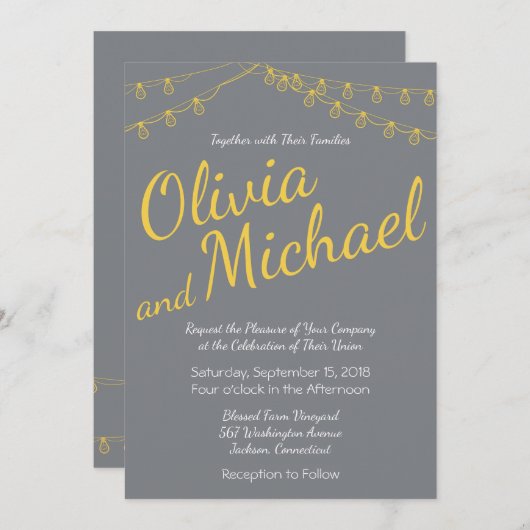 Geel en grijs huwelijksuitnodiging met licht kaart (Voorkant / Achterkant)
