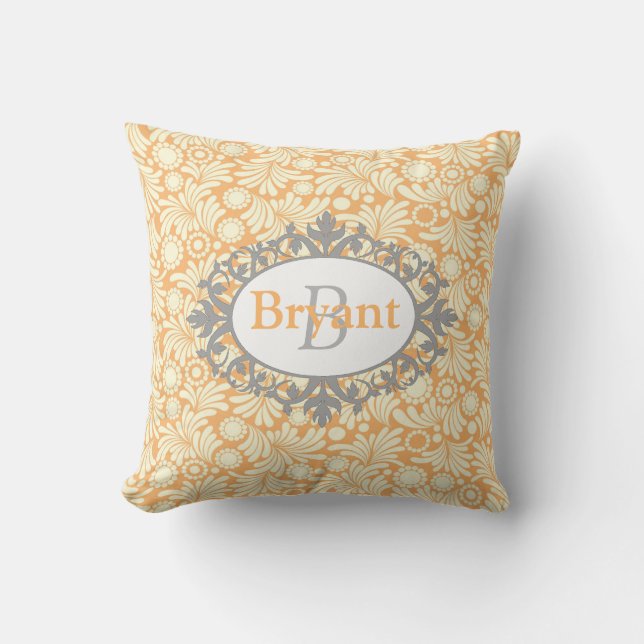 Geel en grijs Monogram Damask Sierkussen (Voorkant)
