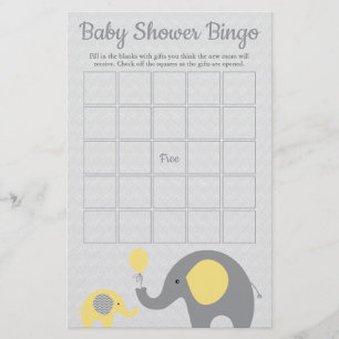 Geel en Grijs Olifant Baby Shower Bingo Spel Flyer