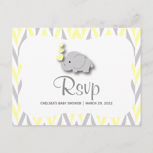 Geel en grijs olifant Baby shower - RSVP 2 Uitnodiging Briefkaart (Voorkant)