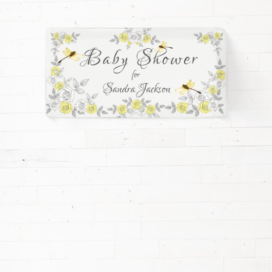 Geel en grijs Roos Dragonfly Baby shower Bann Spandoek (Insitu)