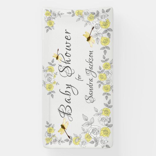 Geel en grijs Roos Dragonfly Baby shower Bann Spandoek (Verticaal)