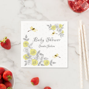 Geel en grijs Roos Dragonfly Baby shower Napkin Servet