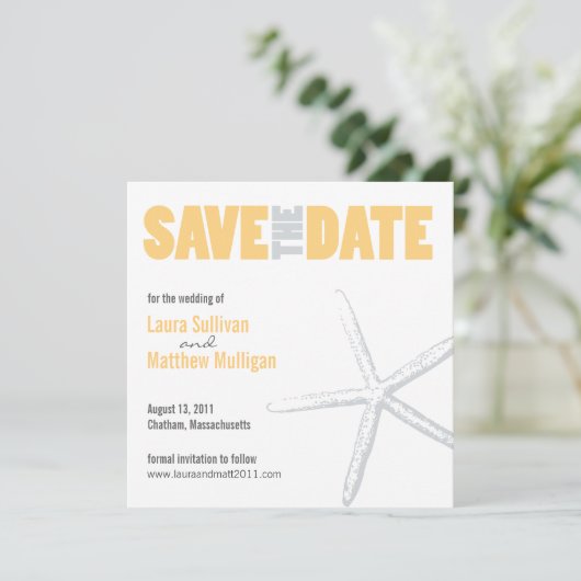 Geel en grijs Starfish Weddenschap Save the Date (Staand voorkant)