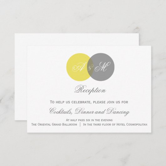 Geel en grijs Twin Monogram Wedding Reception Kaar Informatiekaartje (Voorkant / Achterkant)