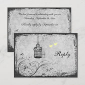 Geel en grijs vogelkooitje-liefdesvogels antwoordk RSVP kaartje (Voorkant / Achterkant)