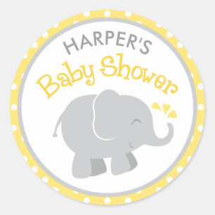 Geel en grijze olifant baby shower ronde sticker