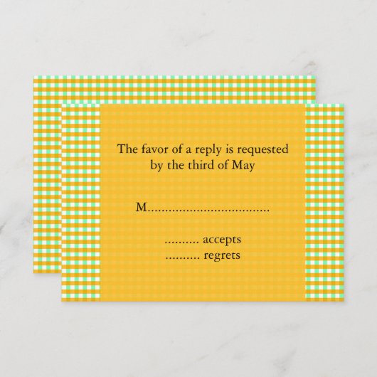 Geel en groen Gingham Pattern RSVP Kaartje (Voorkant / Achterkant)