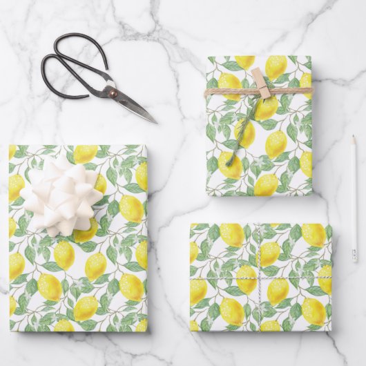 Geel en groen Lemon Tree Patroon Inpakpapier Vel (Voorkant)