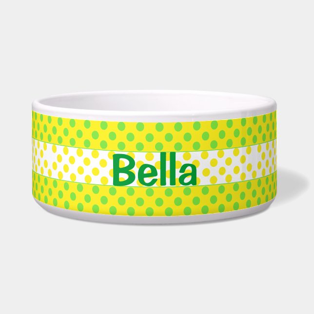 Geel en groen poka Dot Custom Ceramic Dog Bowl Voerbakje (Voorkant)