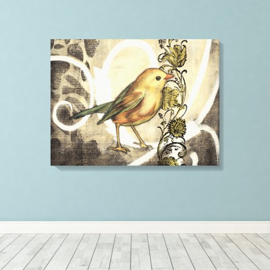 Geel en groen vogel op  achtergrond canvas afdruk (Insitu (Houten vloer))