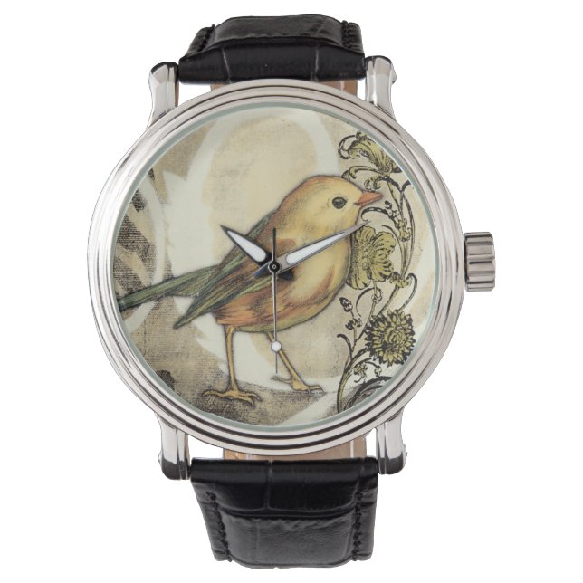 Geel en groen vogel op  achtergrond horloge (Voorkant)