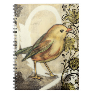 Geel en groen vogel op  achtergrond notitieboek