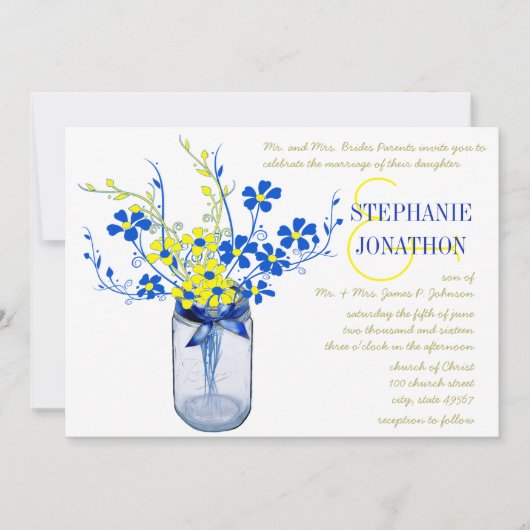 Geel en koninklijk blauw Mason Jar Wildflower Wedd Kaart (Voorkant)