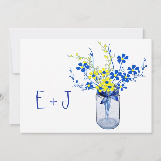 Geel en koninklijk blauw Mason Jar Wildflower Wedd Kaart