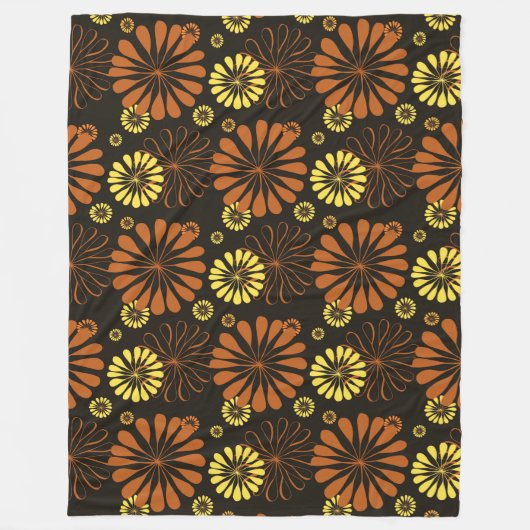 Geel en Koper Retro Bloemen Print op Bruin Fleece Deken (Voorkant)