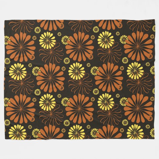 Geel en Koper Retro Bloemen Print op Bruin Fleece Deken (Voorkant (Horizontaal))