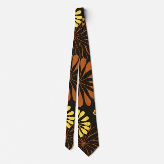 Geel en Koper Retro Bloemen Print op Bruin Stropdas (Achterkant)