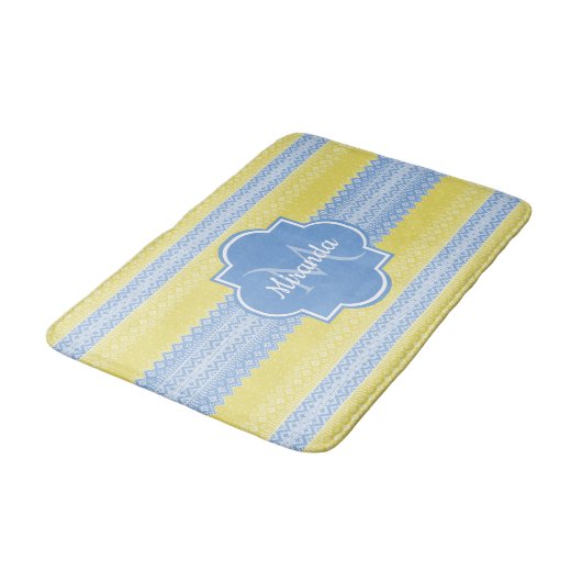 Geel en licht blauw nit patroon met monogram badmat (Gekanteld)