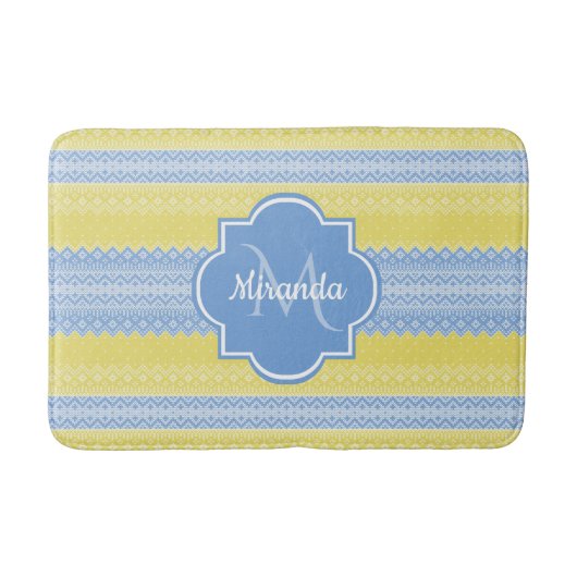 Geel en licht blauw nit patroon met monogram badmat (Voorkant)