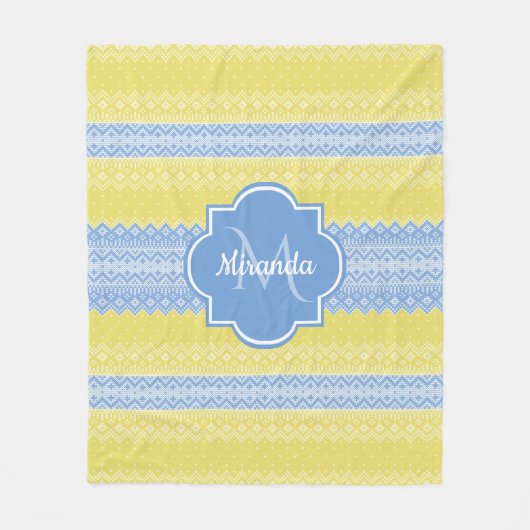 Geel en licht blauw nit patroon met monogram fleece deken (Voorkant)