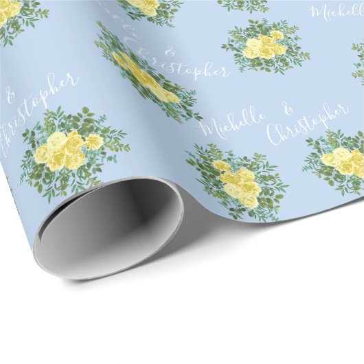 Geel en Licht Blauw Roos Lentweduwen Cadeaupapier (Rol Hoek)