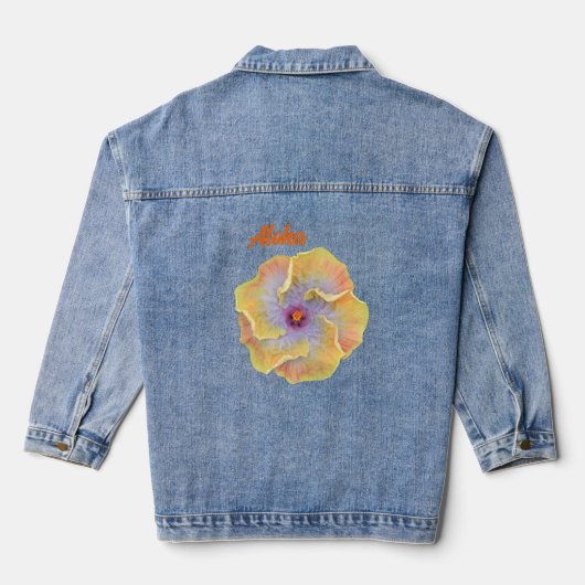 Geel en Lila Tropische Hibiscus Hawaiian Aloha Denim Jacket (Achterkant)