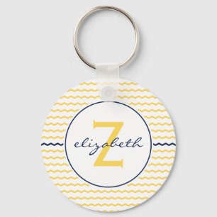 Geel en marineblauw Chevron Monogram Sleutelhanger