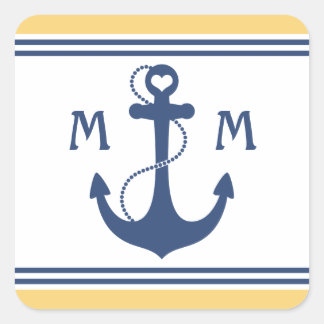 Geel en Navy Blue Heart Anker Monogram Vierkante Sticker