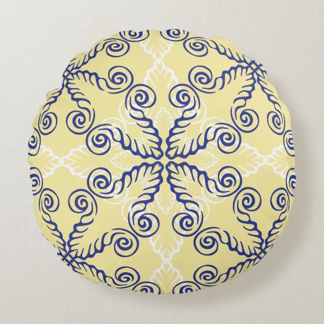 Geel en Navy Blue Pattern Round Pillow Rond Kussen (Voorkant)
