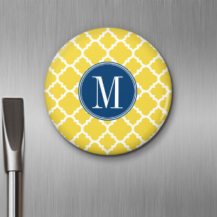 Geel en Navy Quatrefoil Pattern Custom Monogram Magneet