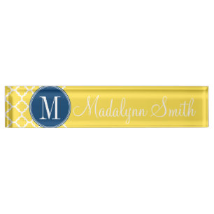 Geel en Navy Quatrefoil Pattern Custom Monogram Naambordje