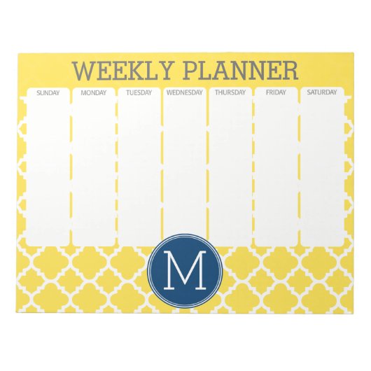 Geel en Navy Quatrefoil Pattern Custom Monogram Notitieblok (Voorkant)