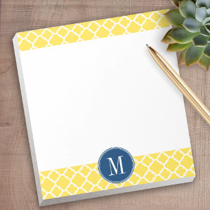 Geel en Navy Quatrefoil Pattern Custom Monogram Notitieblok