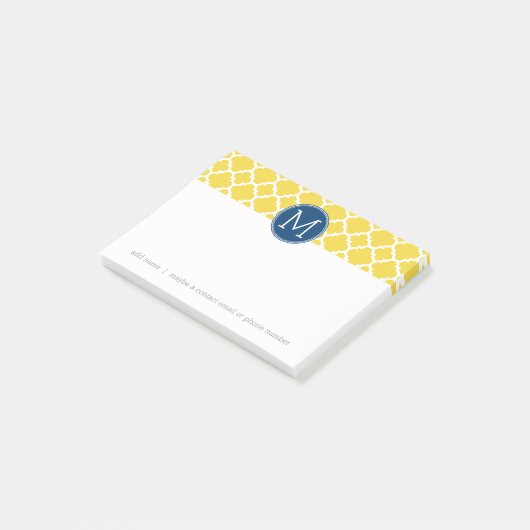 Geel en Navy Quatrefoil Pattern Custom Monogram Post-it® Notes (Schuin)