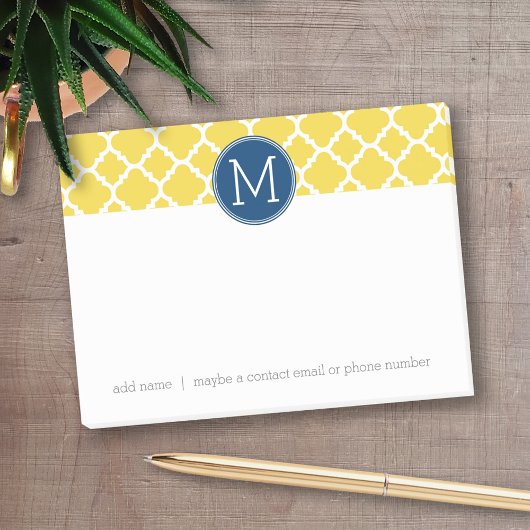 Geel en Navy Quatrefoil Pattern Custom Monogram Post-it® Notes