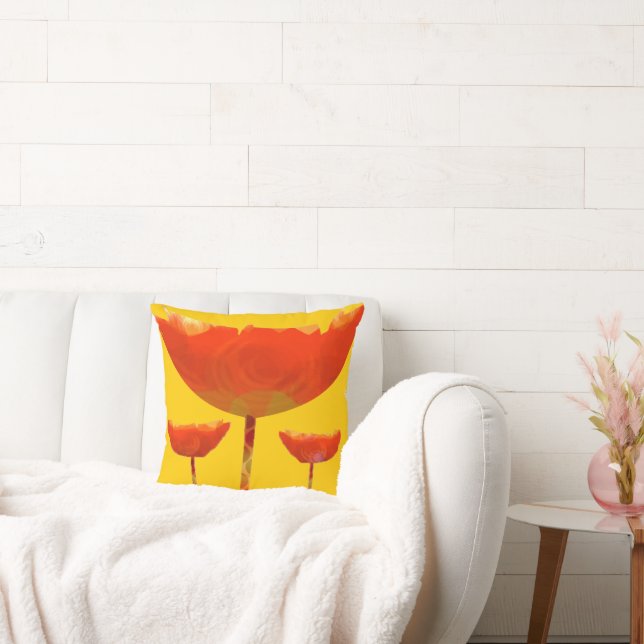 Geel en Oranje Modern Poppy Floral Pillow Kussen (Bank)