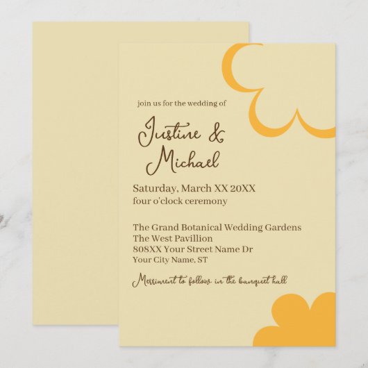 Geel en oranje retro bloemen bruiloft kaart (Voorkant / Achterkant)