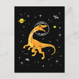 Geel en Oranje velociraptor dinos in de ruimte Briefkaart