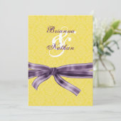 Geel en Paars Damask & Bow Wedding Invitation Kaart (Staand voorkant)