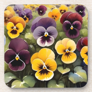 Geel en paarse pansies waterverf schilderij bier onderzetter