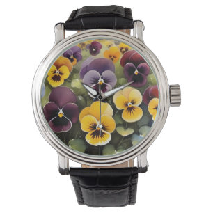 Geel en paarse pansies waterverf schilderij horloge